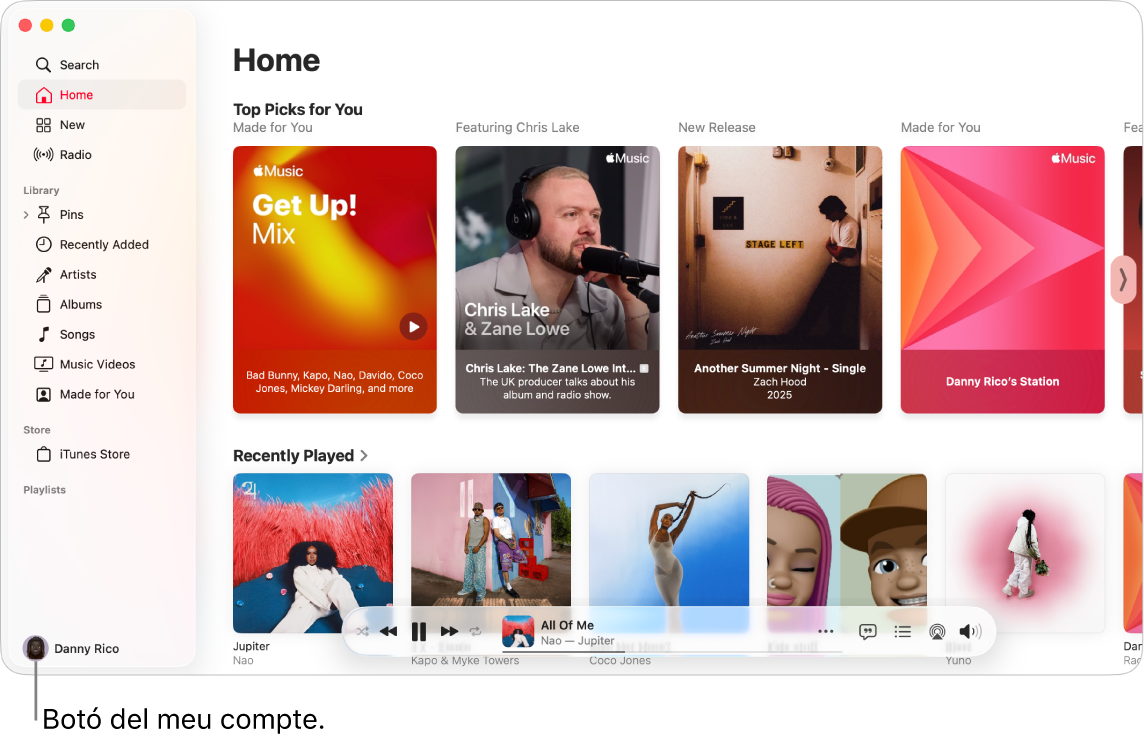 La finestra de l’Apple Music en què es mostra la pantalla d’inici. El botó “El meu compte” (que té l’aspecte d’una foto o monograma) és a la cantonada inferior esquerra de la finestra.