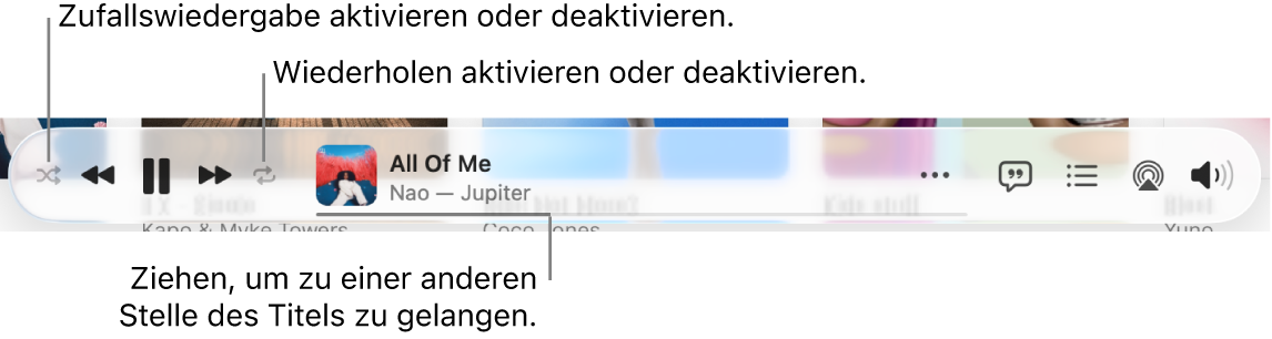 Der untere Bereich von Apple Music mit einem Musiktitel, der gerade wiedergegeben wird. Ganz links befinden sich die Wiedergabesteuerungen. Links neben den Wiedergabesteuerungen ist die Taste „Zufällige Wiedergabe“ und die Taste „Wiederholen“ ist rechts davon. Bewege die Abspielposition zu einer anderen Stelle im Titel.