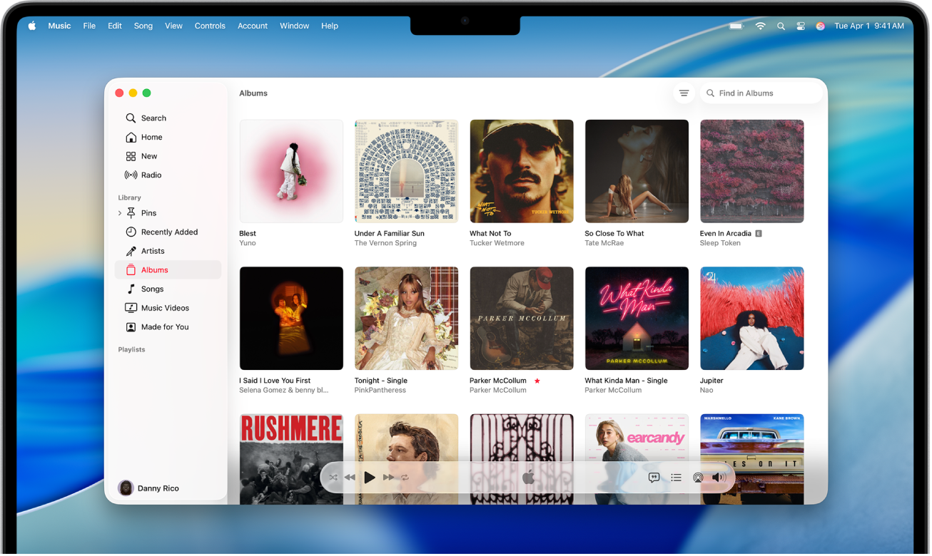 La ventana Apple Music con una biblioteca de álbumes.