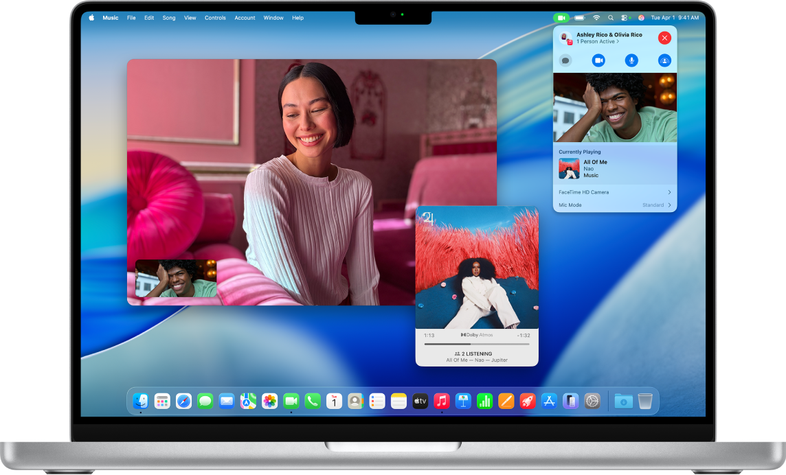 La ventana de FaceTime mostrando una llamada donde los participantes están usando SharePlay para escuchar un álbum juntos.