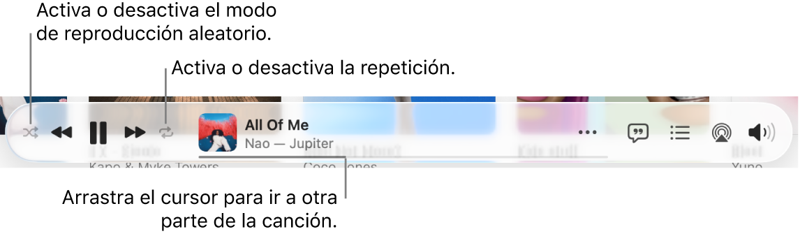 La parte inferior de Apple Music mostrando la canción que se está reproduciendo. Los controles de reproducción están en el extremo izquierdo. El botón Aleatorio está a la izquierda de los controles de reproducción mientras que el botón Repetir se encuentra a la derecha de los controles. Arrastra el cursor de reproducción para ir a un fragmento específico de la canción.