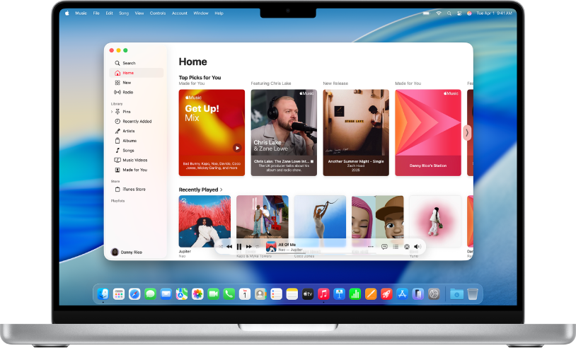 La ventana de Apple Music, mostrando la pantalla de inicio.