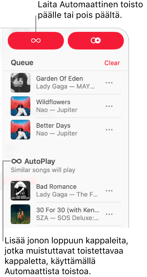 Jono näkyy Apple Musicin oikeassa yläkulmassa. Jatka toistoa- ja Automaattinen toisto -osiot tulevat näkyviin.