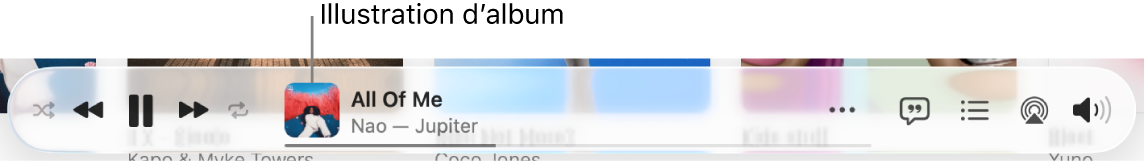 L’illustration d’album à gauche de la bannière avec une chanson en cours de lecture.