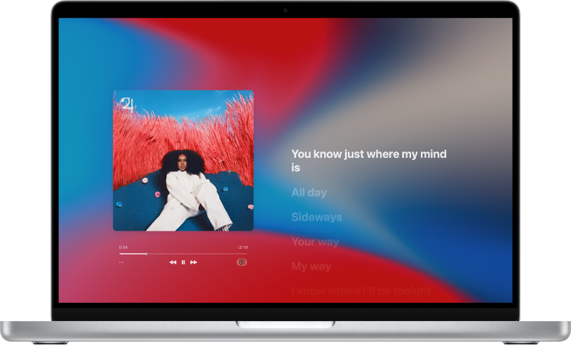 फ़ुल स्क्रीन प्लेयर में बजते हुए गाने और दाईं ओर गीत के बोल, जो संगीत के साथ ऑनस्क्रीन दिखाई देते हैं।