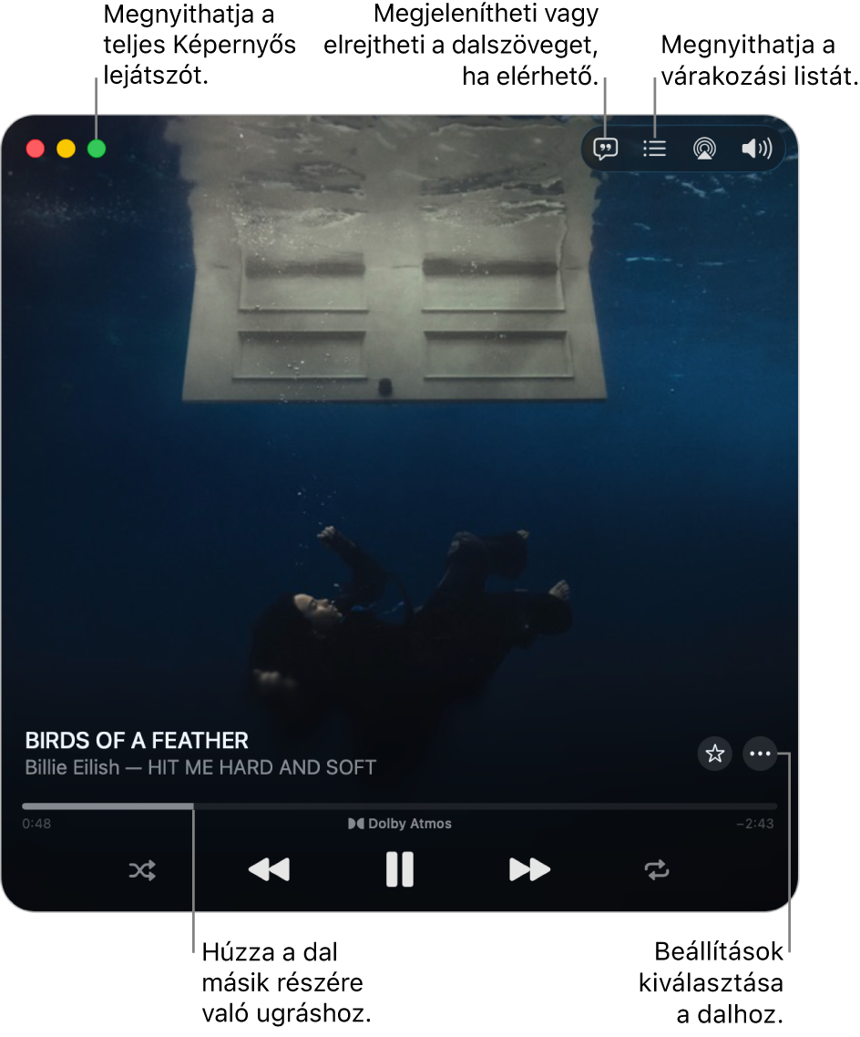 A kibővített Mini lejátszó, amelyen az aktuálisan lejátszott dal vezérlői láthatók. A bal felső sarokban találhatók az ablakvezérlők, amelyekkel megnyithatja és bezárhatja a Teljes képernyős lejátszót. Az ablak fő része megjeleníti az éppen lejátszott dal albumborítóját. Az albumborító alatt egy csúszka látható, amellyel a dal különböző részeire ugorhat, illetve a hangerő módosítására, a dalszövegek megjelenítésére és a lejátszási sor megjelenítésére szolgáló gombok.