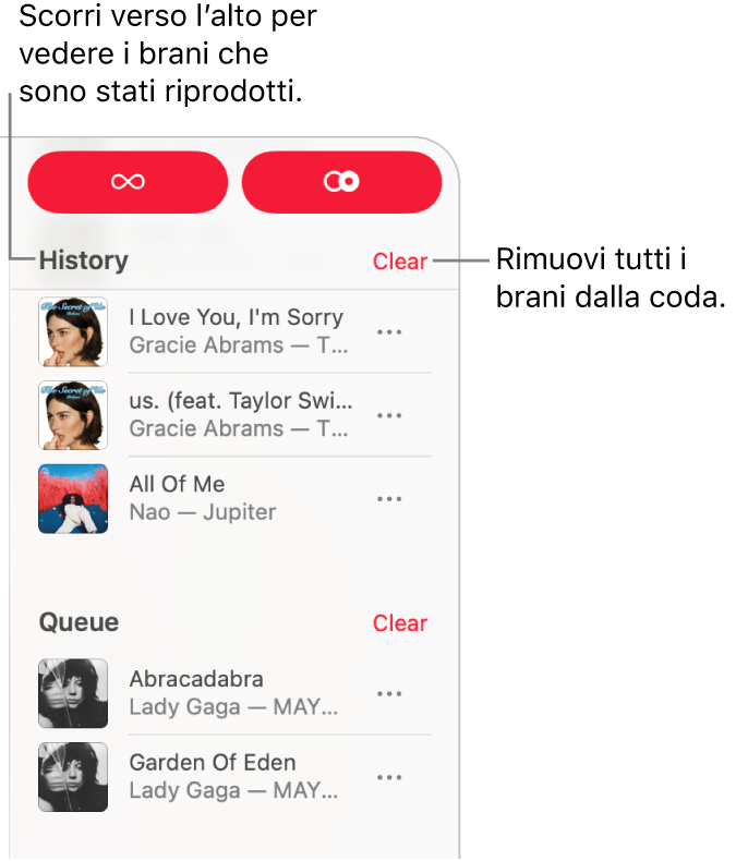 La coda è visibile nell’angolo in alto a destra di Apple Music. Vengono visualizzate le sezioni Cronologia, Coda e “Continua la riproduzione”.