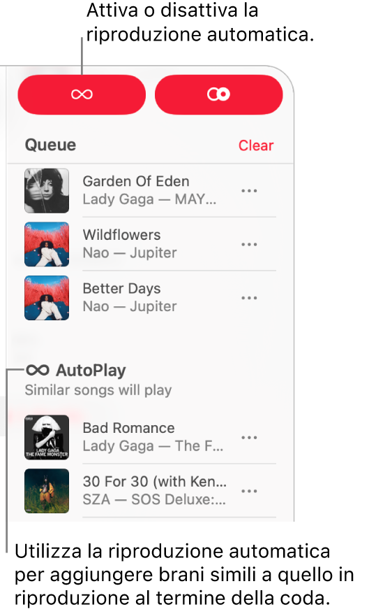 La coda è visibile nell’angolo in alto a destra di Apple Music. Vengono visualizzate le sezioni “Continua la riproduzione” e AutoPlay.