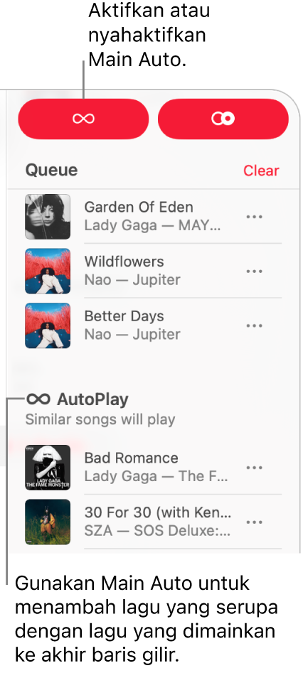 Baris gilir kelihatan di penjuru kanan atas Apple Music. Bahagian Teruskan Main dan Automain kelihatan.