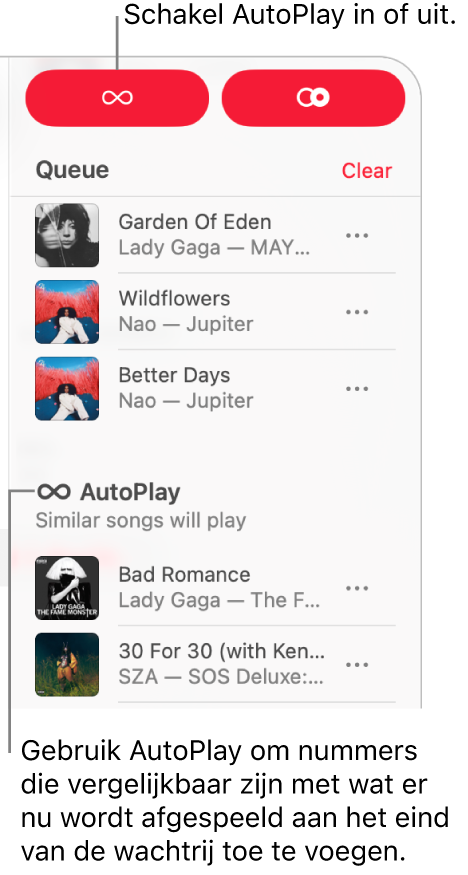In de rechterbovenhoek van Apple Music is de wachtrij zichtbaar. De gedeelten 'Speel verder' en 'AutoPlay' worden weergegeven.