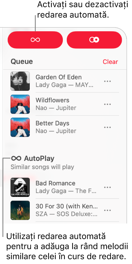 Rândul de redare este vizibil în colțul din dreapta sus al ferestrei Apple Music. Apar secțiunile „Continuați redarea” și „Redare automată”.