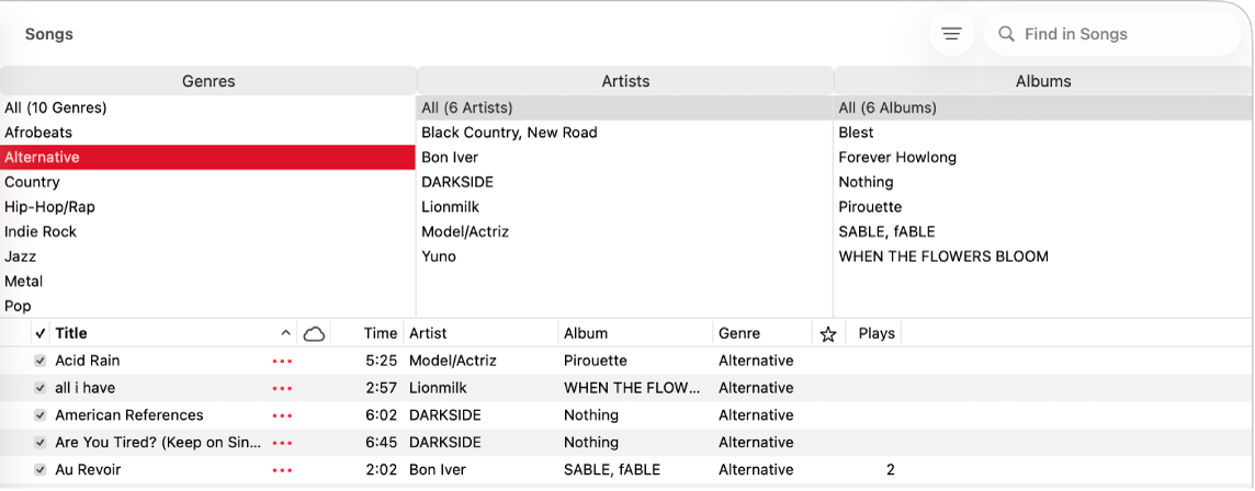 Fereastra aplicației Muzică afișând browserul de coloane deasupra listei de melodii.