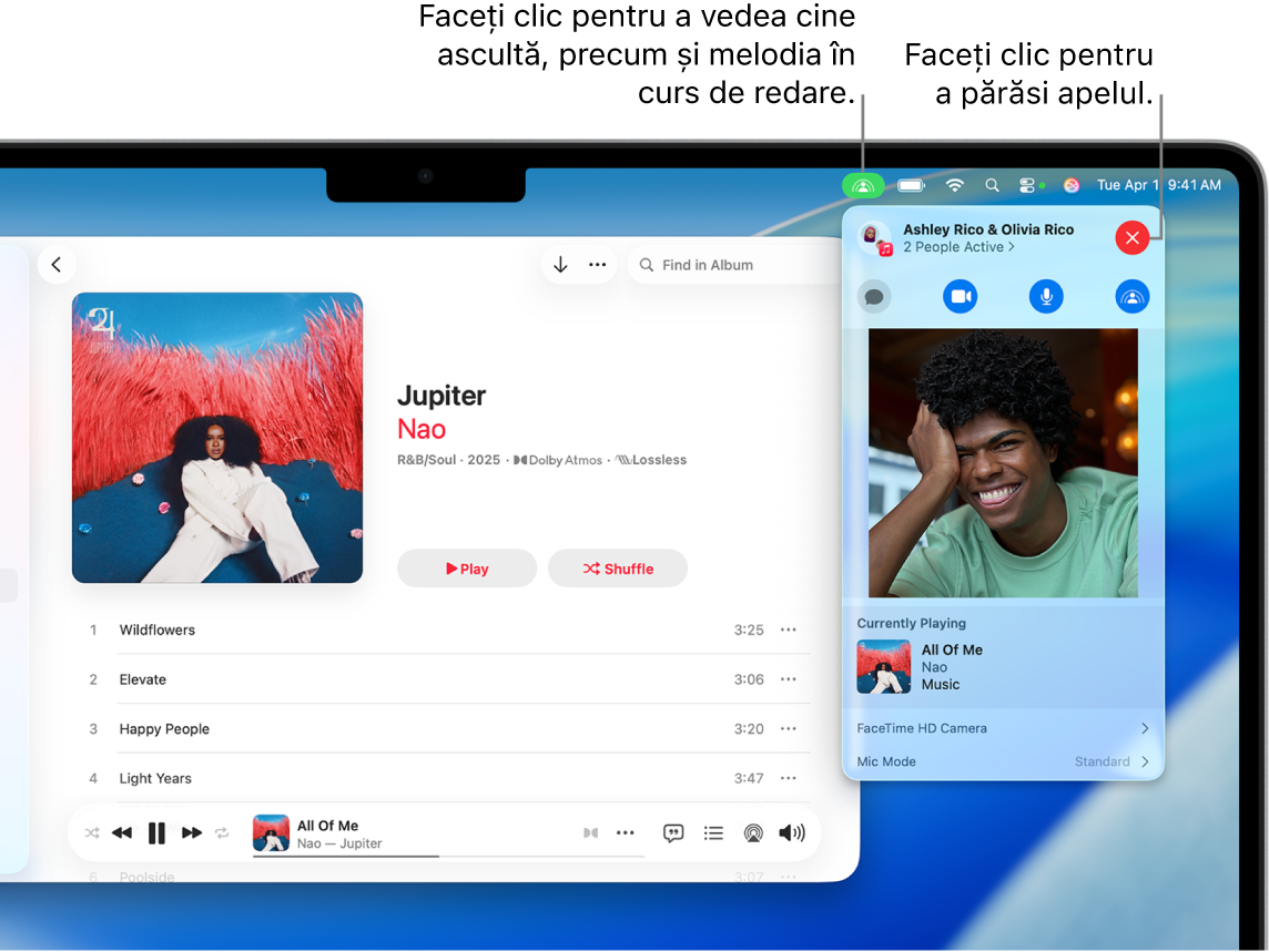 Fereastra Apple Music, cu o melodie în curs de redare în timpul utilizării SharePlay. Fereastra de redare afișează câte persoane ascultă muzică împreună. În dreapta, se face clic pe pictograma SharePlay și puteți vedea cine ascultă și melodia aflată în curs de redare. În dreapta, puteți face clic pe butonul Închide.