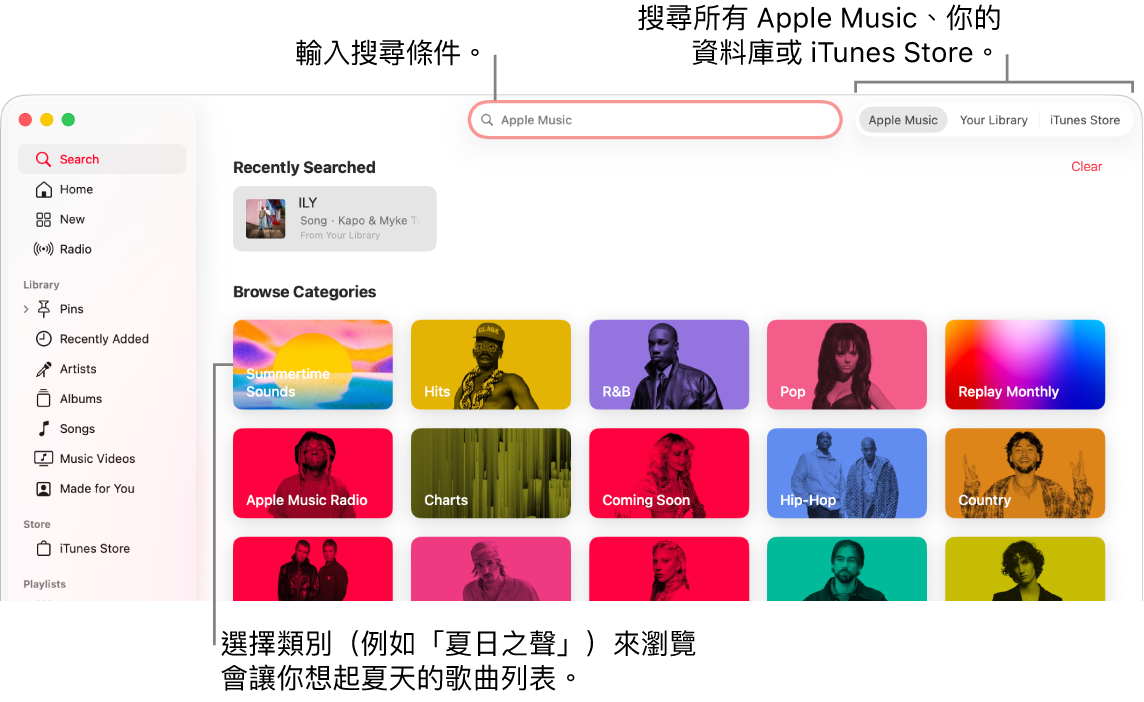 Apple Music 視窗左上角顯示搜尋欄位,視窗中央為類別列表,而右上角可存取 Apple Music、你的資料庫和 iTunes Store。在搜尋欄位中輸入搜尋條件,然後選擇要搜尋所有 Apple Music、只搜尋你的資料庫,或搜尋 iTunes Store。