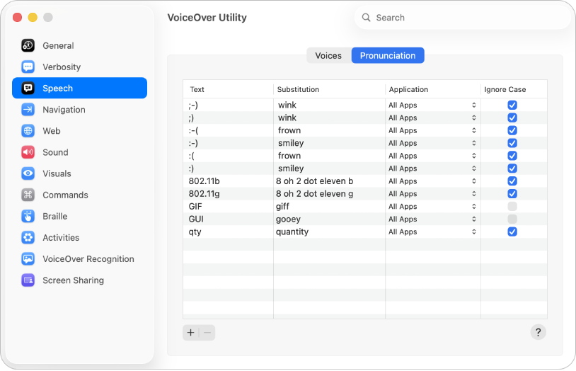 Ajustes de como o VoiceOver deve pronunciar certos emoticons, números e abreviaturas são mostrados no painel Pronúncia da categoria Voz no Utilitário do VoiceOver.