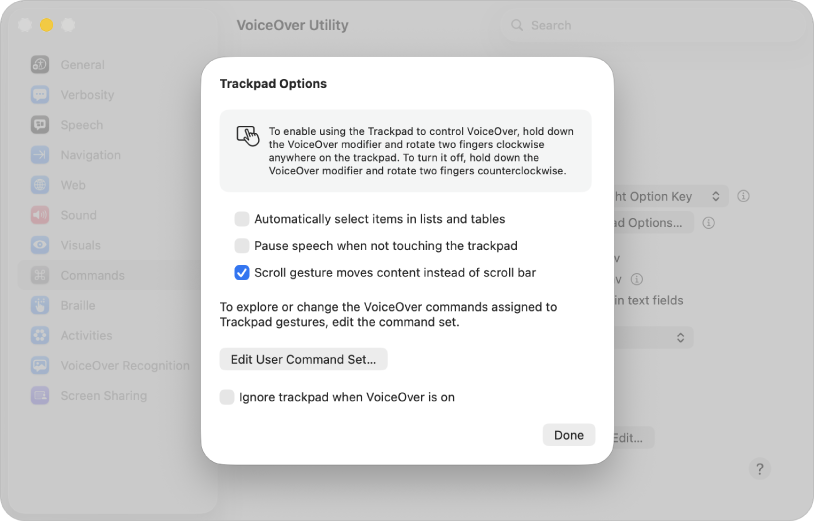 Un dialog din Utilitar VoiceOver afișând configurările de utilizare a trackpadului pentru controlarea VoiceOver.