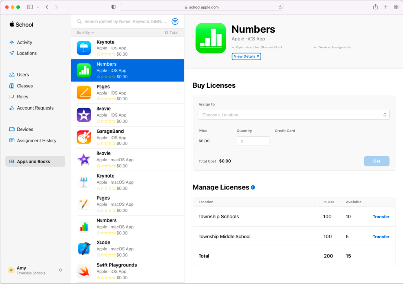 La finestra di Apple School Manager in cui è stata selezionata la voce App e libri nella barra laterale in Contenuti. Il pannello selezionato consente di acquistare e gestire le licenze per l’app Numbers.