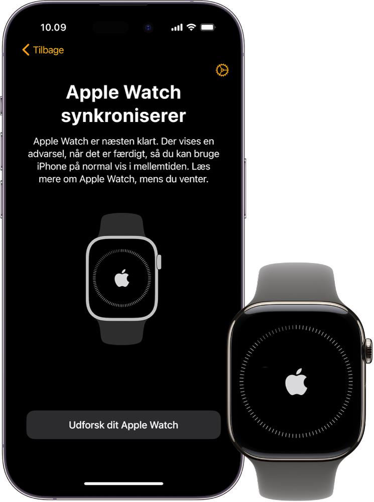 En iPhone og et Apple Watch med skærme, der synkroniseres.