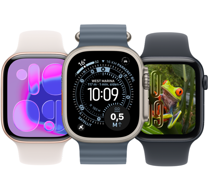 Fra venstre til højre et Apple Watch med urskiven Flow, et Apple Watch Ultra med urskiven Rutepunkt og et Apple Watch med urskiven Fotos.