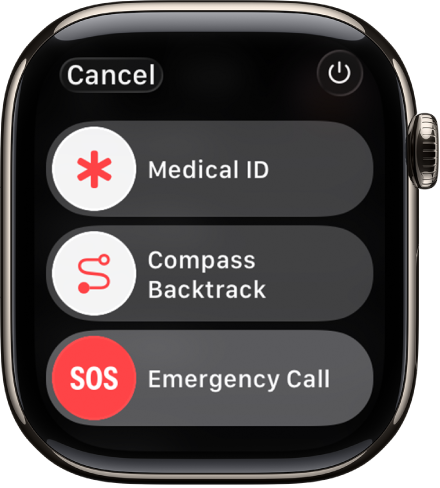 The emergency services screen. Near the top is the Medical ID slider, in the middle is the Compass Backtrack slider, and at the bottom is the Emergency Call slider.