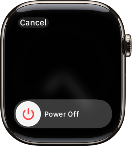 The Apple Watch screen showing the Power Off slider. Drag the slider to turn off Apple Watch.