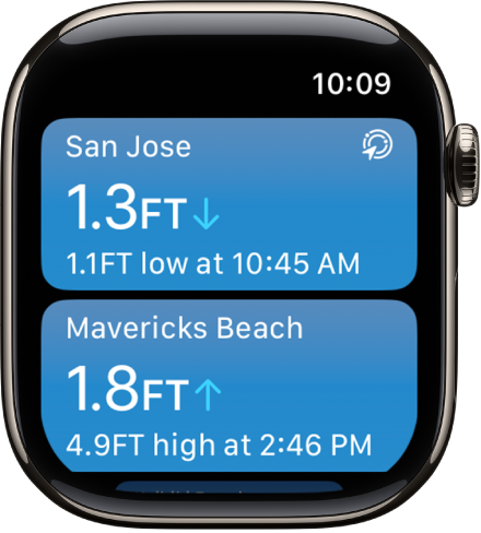 A screen in the Tides app showing a list of locations with tide info.