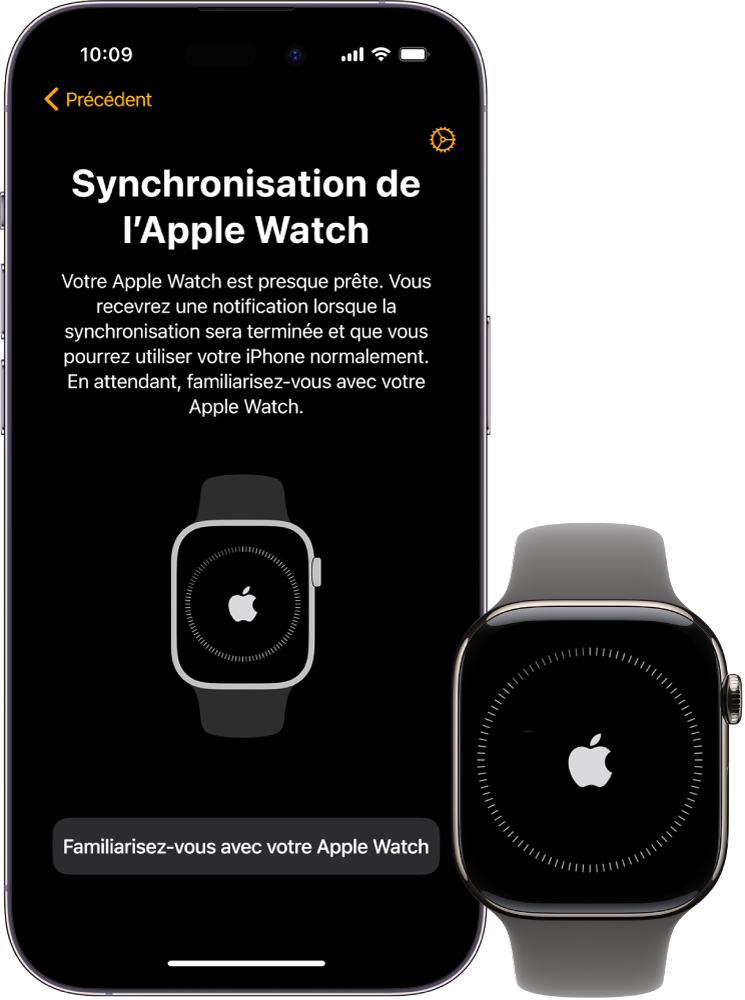Un iPhone et une Apple Watch affichant leur écran de synchronisation.