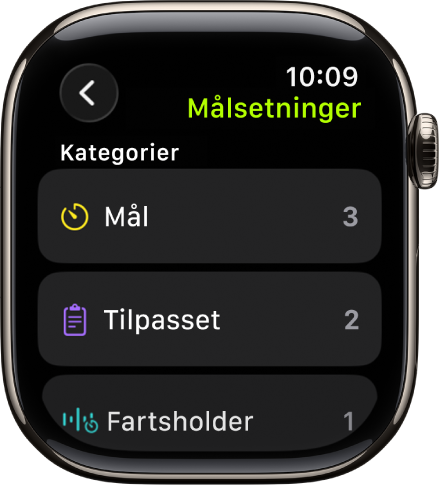 Trening-appen viser opprettede mål, tilpassede treningsøkter og en Fartsholder-treningsøkt.