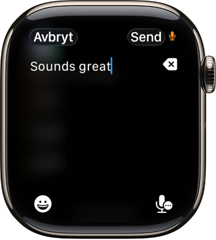 Tekstfelt-skjermen viser en melding opprettet med diktering. Emoji- og Diktering-knappene vises nederst på skjermen.