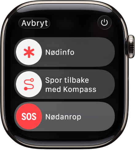 Skjermen på Apple Watch, med skyveknapper for Nødinfo, Spor tilbake med kompass samt Nødanrop. Av/på-knappen vises øverst til høyre.