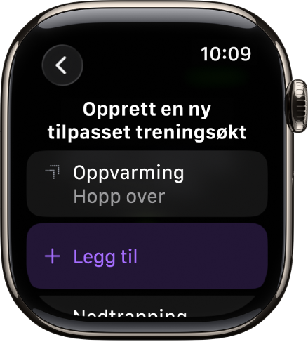 Trening-appen viser en skjerm for å opprette en Tilpasset treningsøkt.