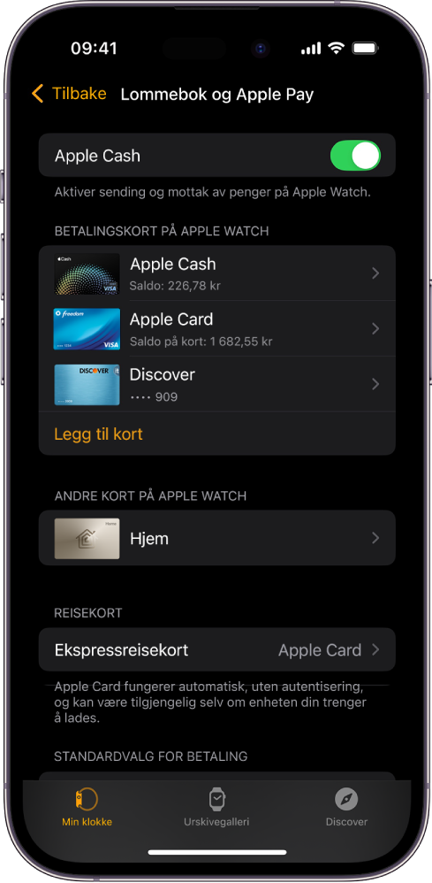 En iPhone-skjerm som viser Lommebok og Apple Pay-innstillingene i Apple Watch-appen.