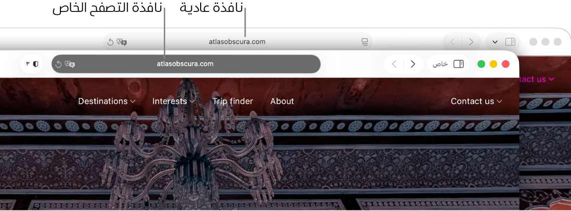 نافذة سفاري عادية على Mac يظهر بها حقل البحث الذكي الفاتح، ونافذة سفاري خاصة يظهر بها حقل البحث الذكي الداكن.