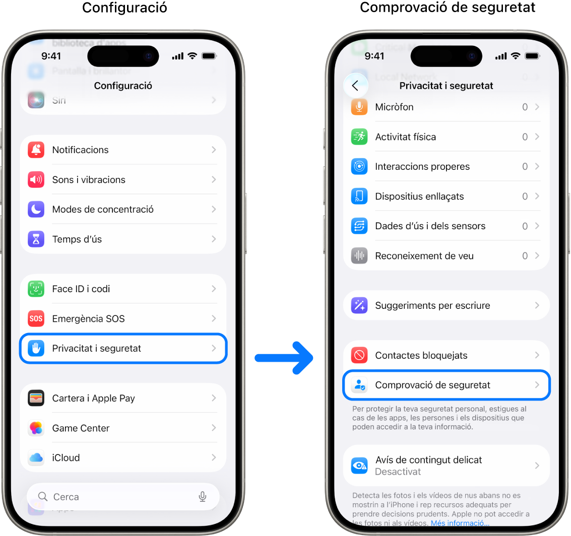 Manera com s’accedeix a la configuració de la comprovació de seguretat.