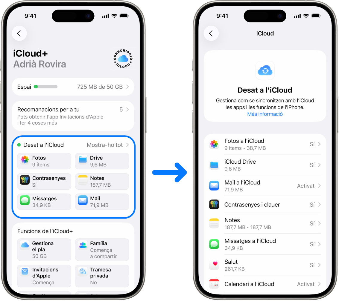 Un iPhone que mostra la sessió iniciada a un compte d’Apple i diversos serveis de l’iCloud activats.