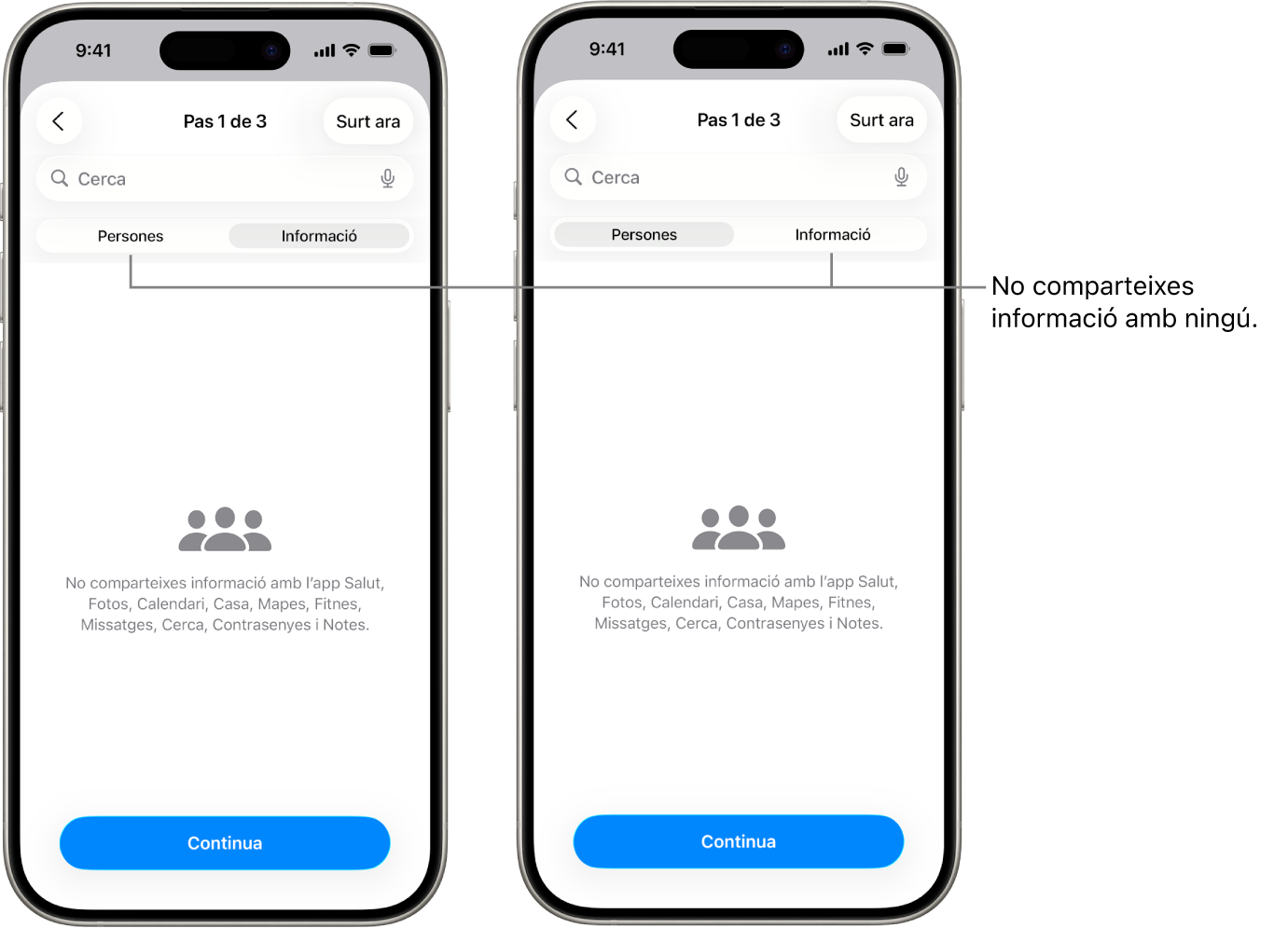 Finestra en què se seleccionen les pestanyes Persones i Informació per mostrar que ja no es comparteix cap tipus d’informació amb altres persones.