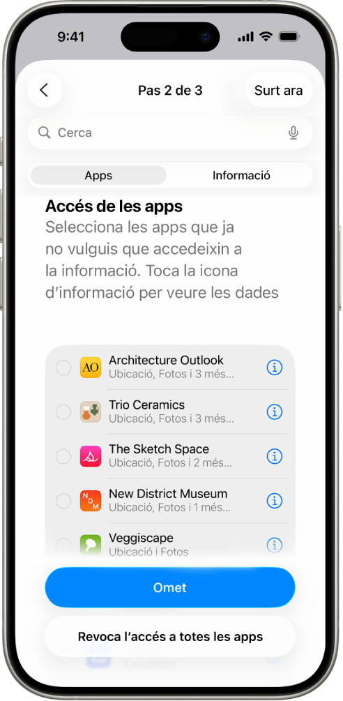 Pantalla de la comprovació de seguretat en què es mostra la informació compartida amb determinades apps.