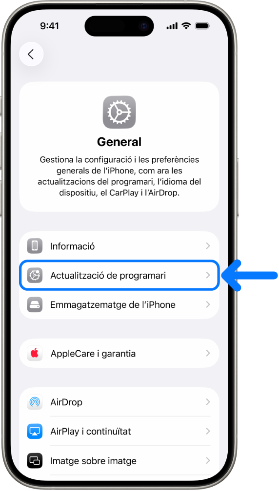 La pantalla de l’iPhone que mostra una actualització de programari disponible.