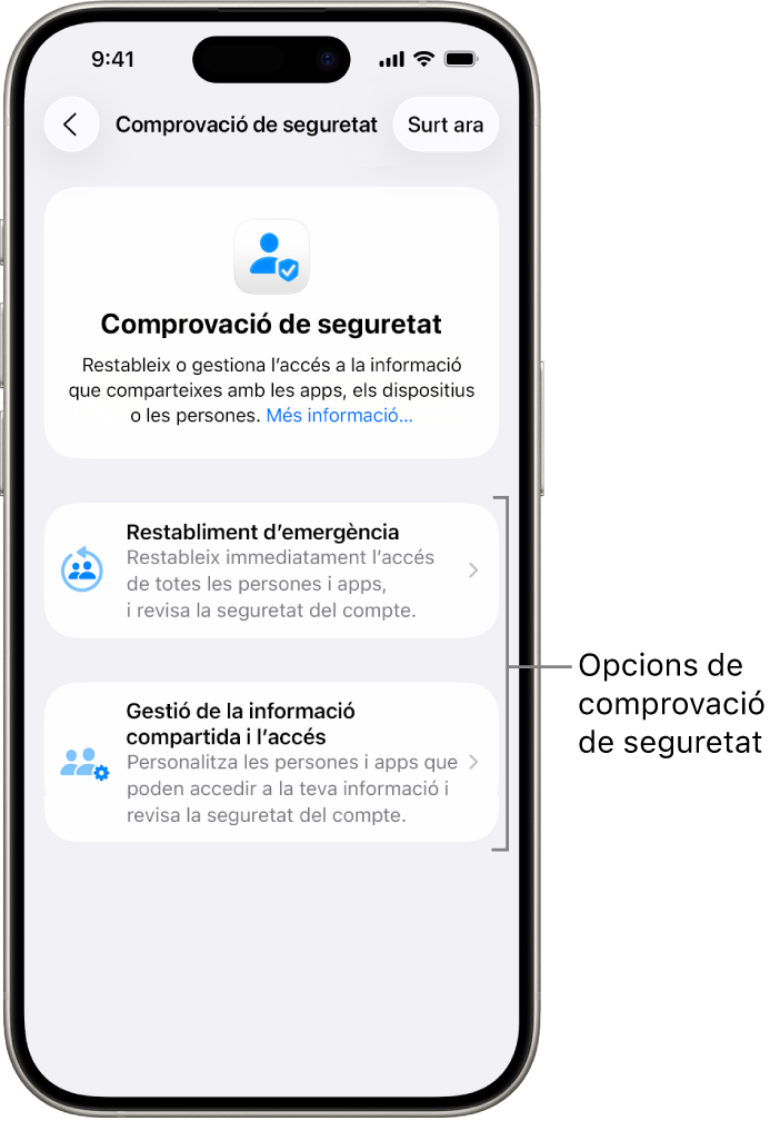 Pantalla de la comprovació de seguretat en què es mostren les dues opcions disponibles: “Restabliment d’emergència” i “Gestiona la compartició i l’accés”.