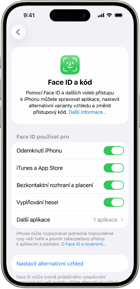 Obrazovka Face ID na iPhonu s informacemi o tom, k čemu se dá Face ID použít – např. pro funkci Odemknutí iPhonu, k potvrzování plateb v iTunes, App Storu, Peněžence a Apple Pay nebo k automatickému vyplňování hesel