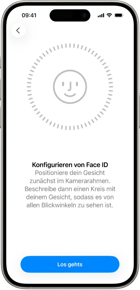 Der Einrichtungsbildschirm für die Face ID-Erkennung. Der Bildschirm zeigt ein Gesicht in einem Kreis an. Der Text darunter weist den/die Benutzer:in an, den Kopf langsam zu bewegen und dadurch den Kreis zu schließen.
