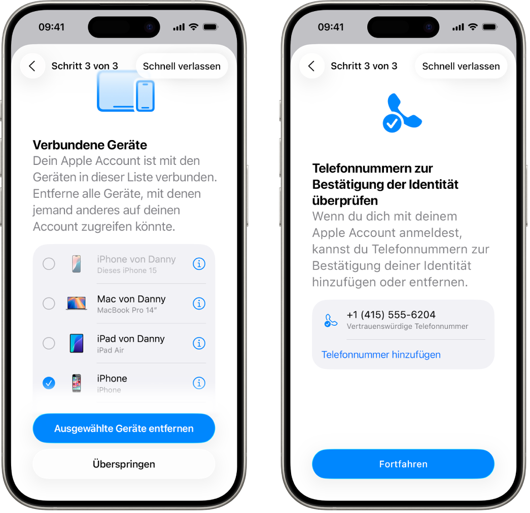 Zwei iPhone-Bildschirme zeigen (1) ein ausgewähltes Gerät, das aus den vertrauenswürdigen Geräte entfernt wird sowie (2) einen Bildschirm zum Bearbeiten vertrauenswürdiger Telefonnummern.