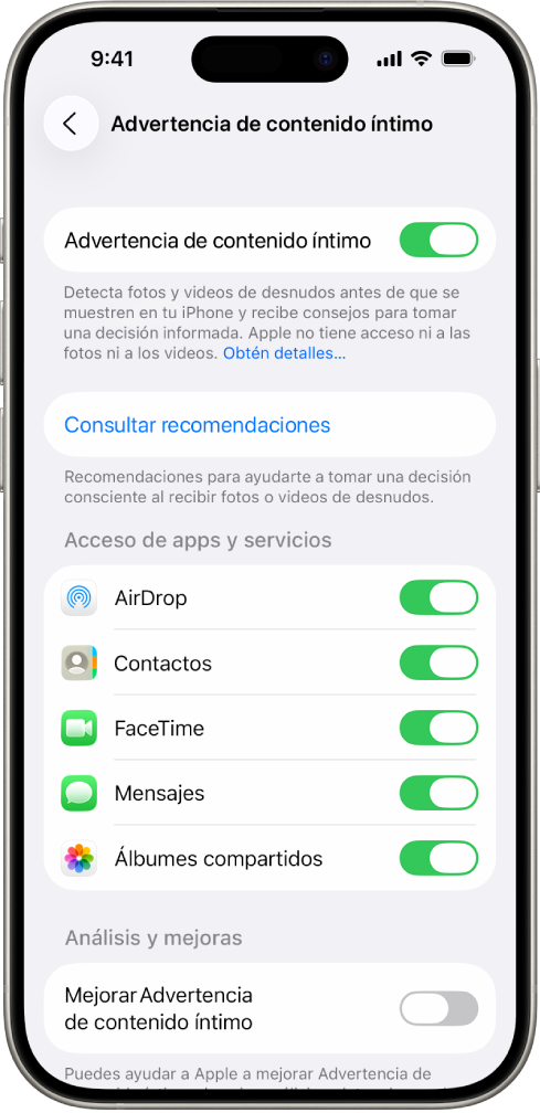 Un iPhone mostrando la pantalla de advertencia de contenido íntimo.