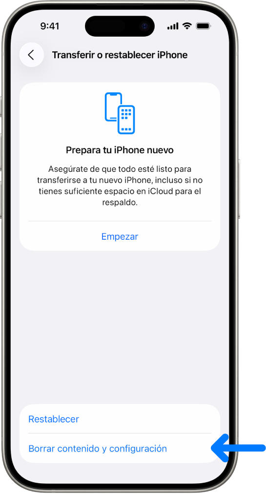 Pantalla de un iPhone mostrando la opción Borrar contenido y configuración seleccionada.