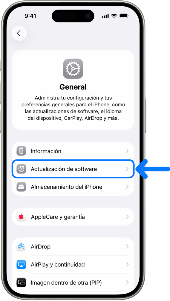 La pantalla del iPhone mostrando que hay una actualización de software disponible.