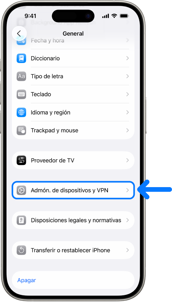 Pantalla de un iPhone mostrando la opción Administración de dispositivos y VPN seleccionada.
