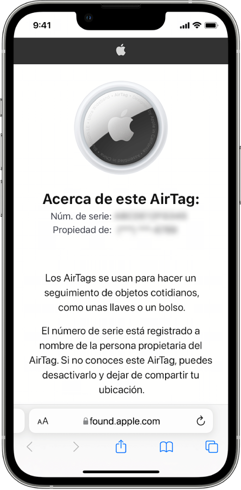 La pantalla de un iPhone muestra información sobre un AirTag.