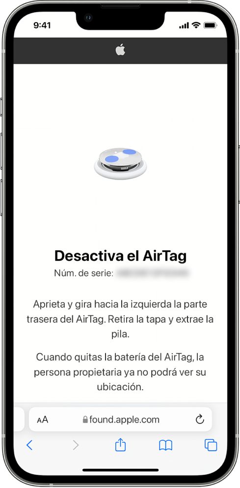 La pantalla de un iPhone muestra cómo desactivar un AirTag.