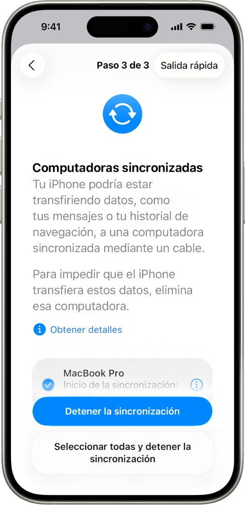 La pantalla de un iPhone mostrando la pantalla Computadoras sincronizadas.