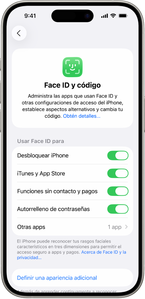 La pantalla de Face ID en el iPhone mostrando las cosas para las que se puede usar Face ID, como desbloquear el iPhone, iTunes y App Store, Wallet y Apple Pay, y el autorrelleno de contraseñas.